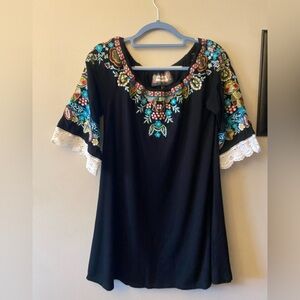 Vintage Collection Embroidered Black Tunic top with Floral Accents